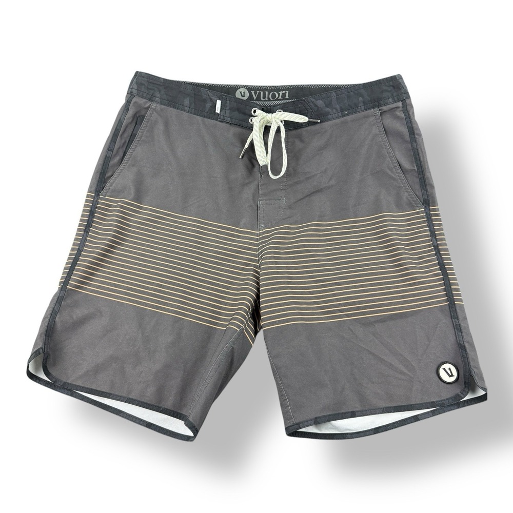 Vuori Gray Brown Stripe Board Shorts Camo Pocket Stretch Drawstring Men's 32x8